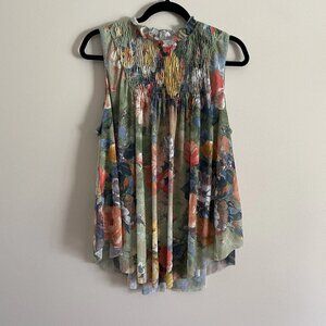 Deletta Anthropologie Women M Floral Boho Sleeveless Smocked Epona Swing Top